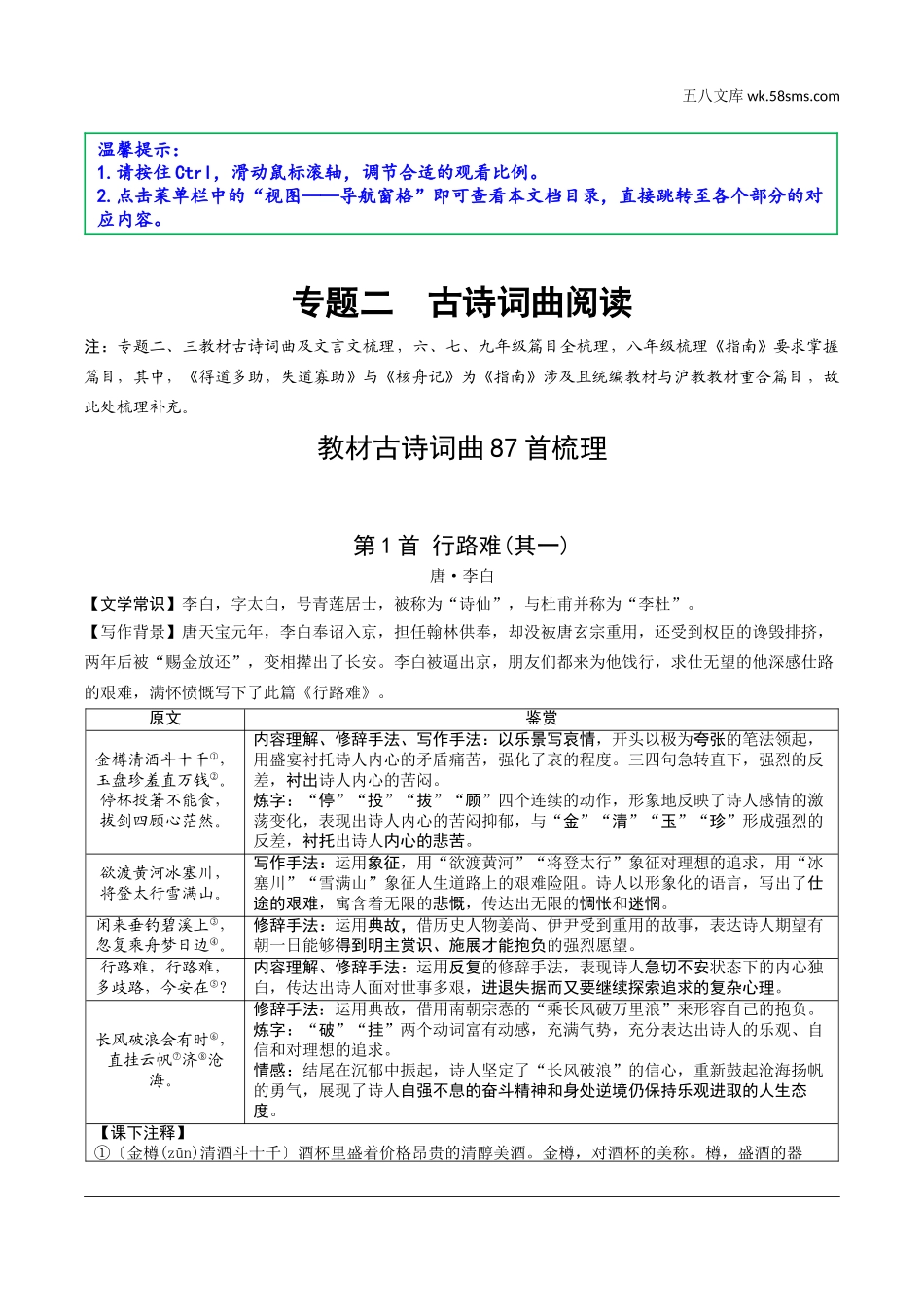 初中_中考_上海语文精讲本_1.第一部分  古诗文阅读_2.专题二  古诗词曲阅读_教材古诗词曲87首梳理_1.九年级.doc_第1页