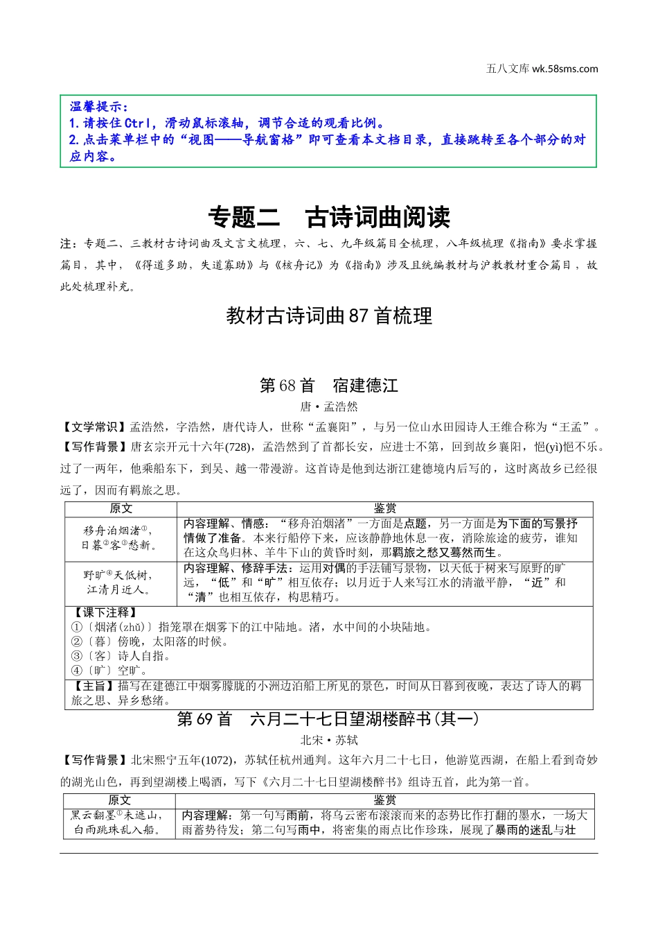 初中_中考_上海语文精讲本_1.第一部分  古诗文阅读_2.专题二  古诗词曲阅读_教材古诗词曲87首梳理_4.六年级.doc_第1页