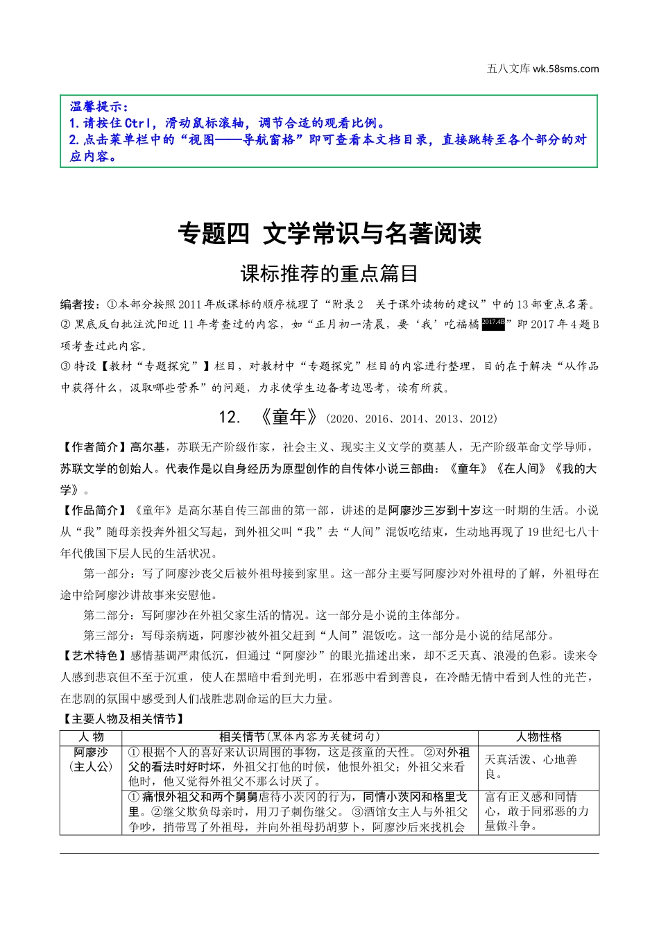 初中_中考_沈阳语文精讲本_1.第一部分  积累与运用_4.专题四  文学常识与名著阅读_常考名著阅读梳理_2011年版课标推荐的重点篇目_12.《童年》.doc_第1页