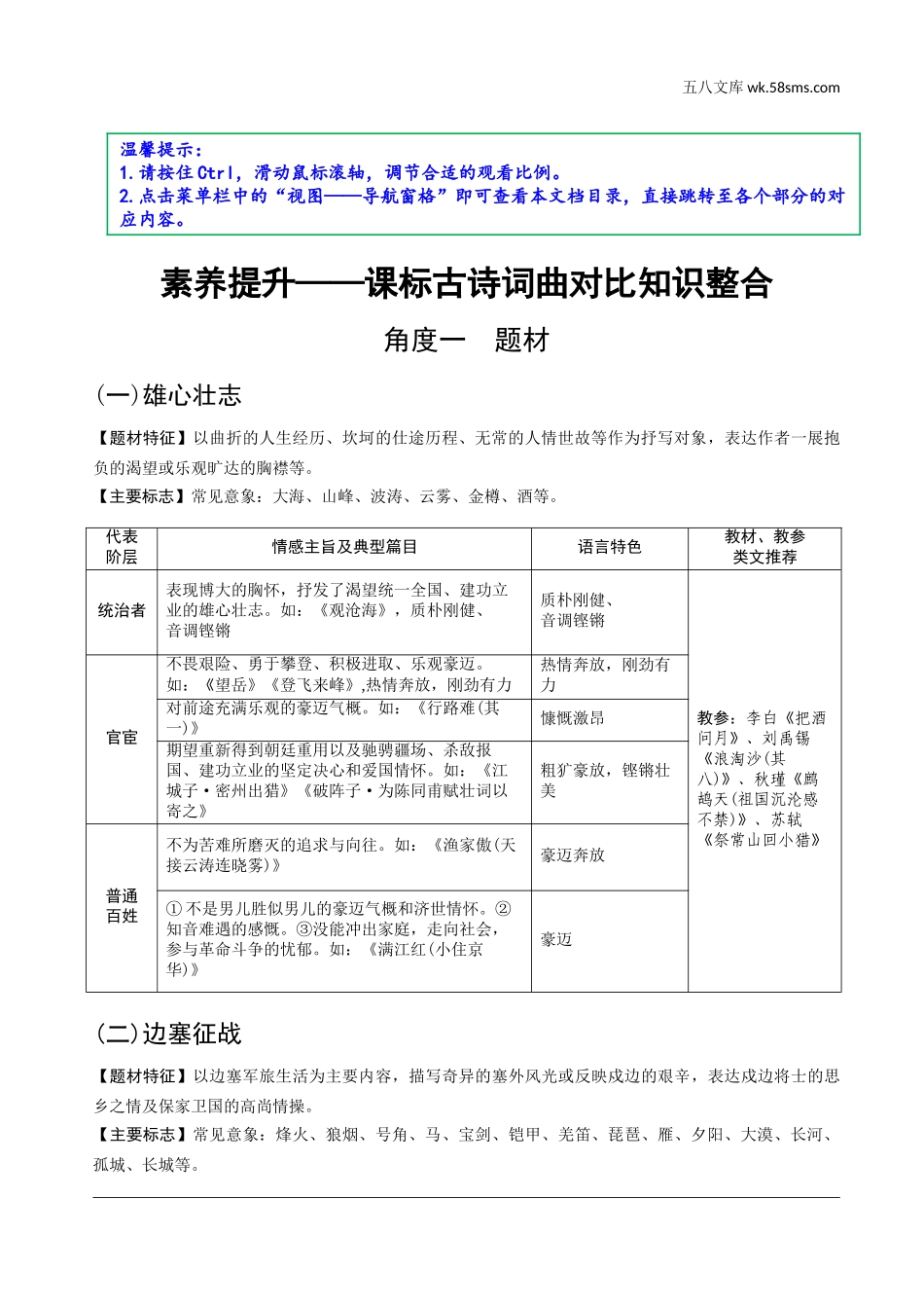 初中_中考_沈阳语文精讲本_2.第二部分  古诗文阅读_1.专题一  古诗词曲鉴赏_素养提升——课标古诗词曲对比知识整合.doc_第1页