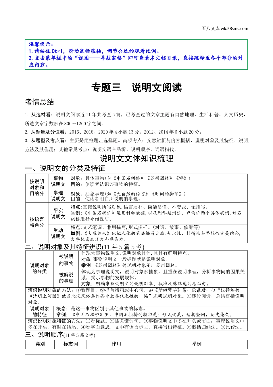 初中_中考_沈阳语文精讲本_3.第三部分  现代文阅读_3.专题三  说明文阅读_说明文文体知识梳理.doc_第1页