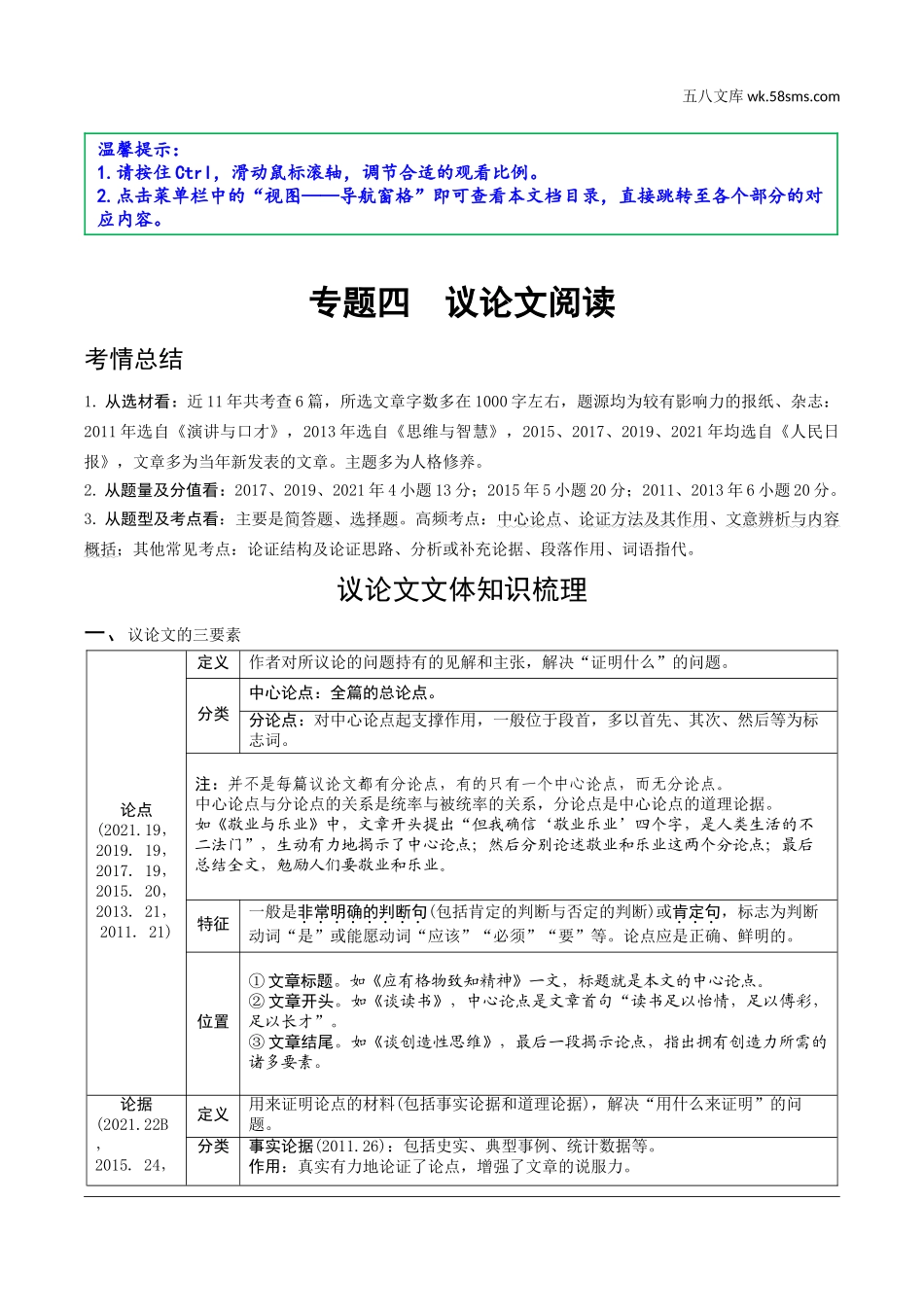 初中_中考_沈阳语文精讲本_3.第三部分  现代文阅读_4.专题四  议论文阅读_议论文文体知识梳理.doc_第1页