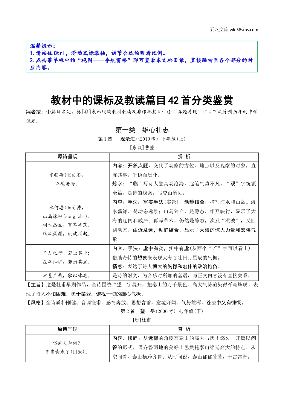 初中_中考_徐州语文精讲本_2.第二部分  古诗文阅读_古诗词曲鉴赏攻关_基础巩固·课内古诗词曲鉴赏_教材中的课标及教读篇目42首分类鉴赏.doc_第1页