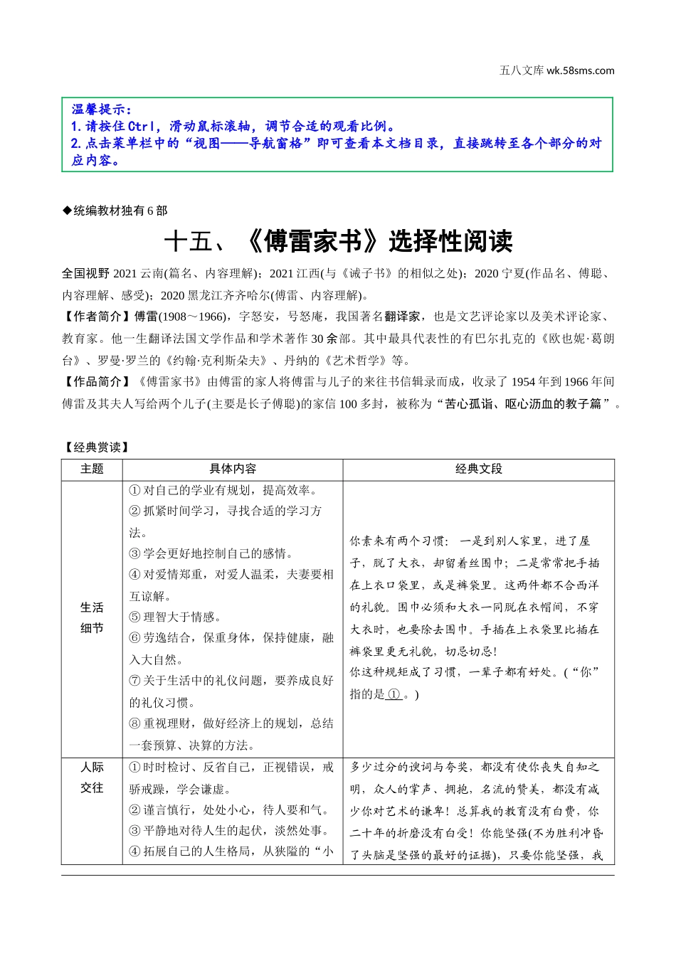 初中_中考_烟台语文精讲本_1.第一部分  积累与运用_9.专题九  名著阅读_烟台常考18部名著梳理_十五、《傅雷家书》选择性阅读.doc_第1页