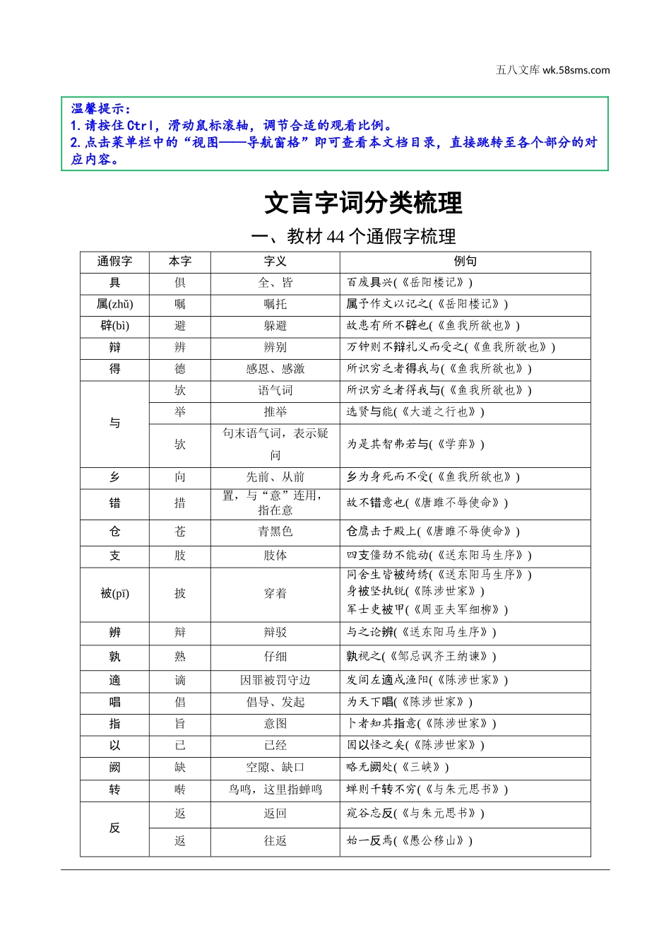 初中_中考_烟台语文精讲本_2.第二部分  阅读_2.专题二  文言文三阶攻关_1.一阶  课内关——教材文言文知识积累_文言字词分类梳理_一、教材44个通假字梳理.doc_第1页