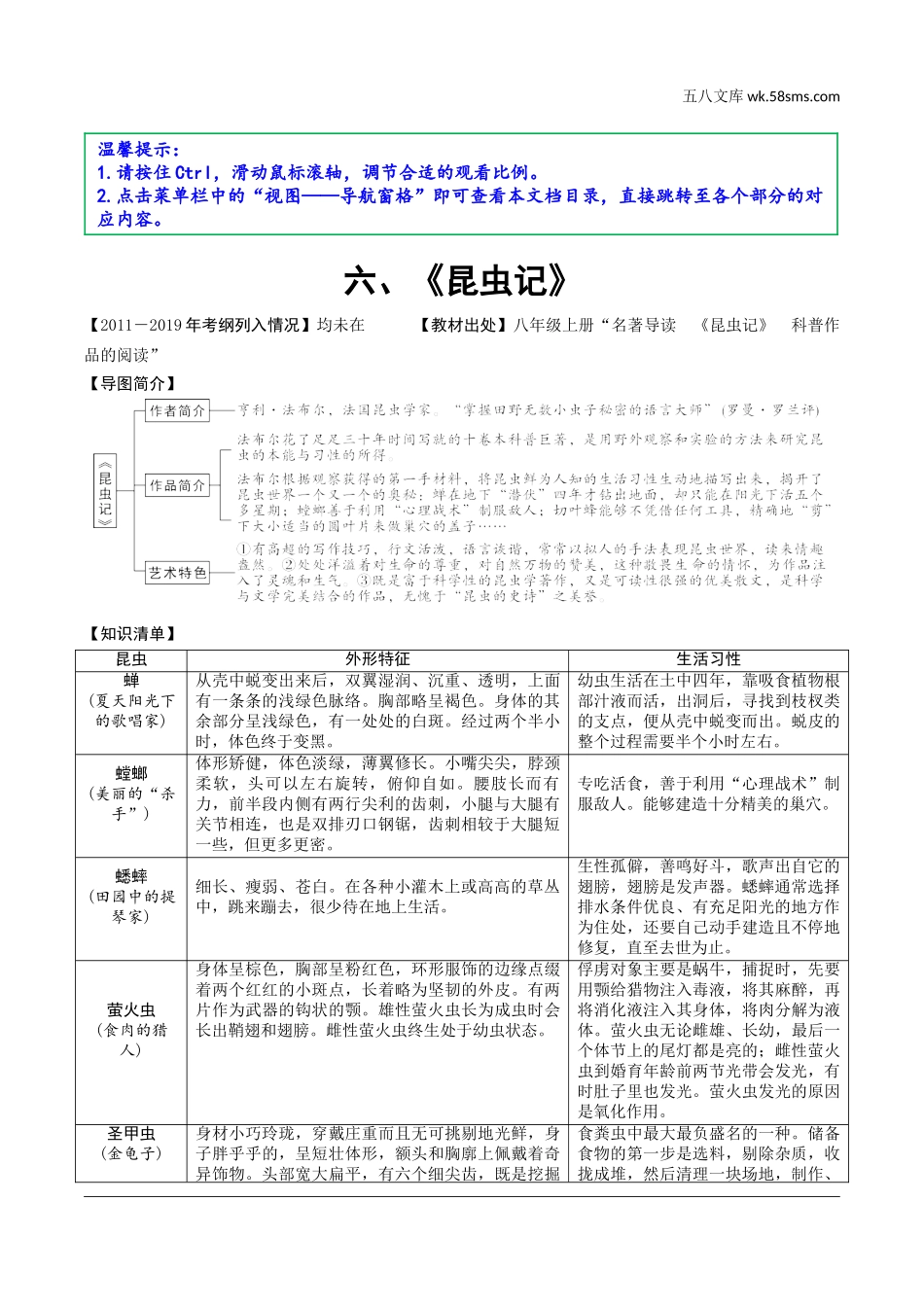 初中_中考_语文精讲本_3.第三部分  语文积累与运用_4.专题四  名著阅读_教材“名著导读”梳理及训练_6.《昆虫记》_《昆虫记》.doc_第1页