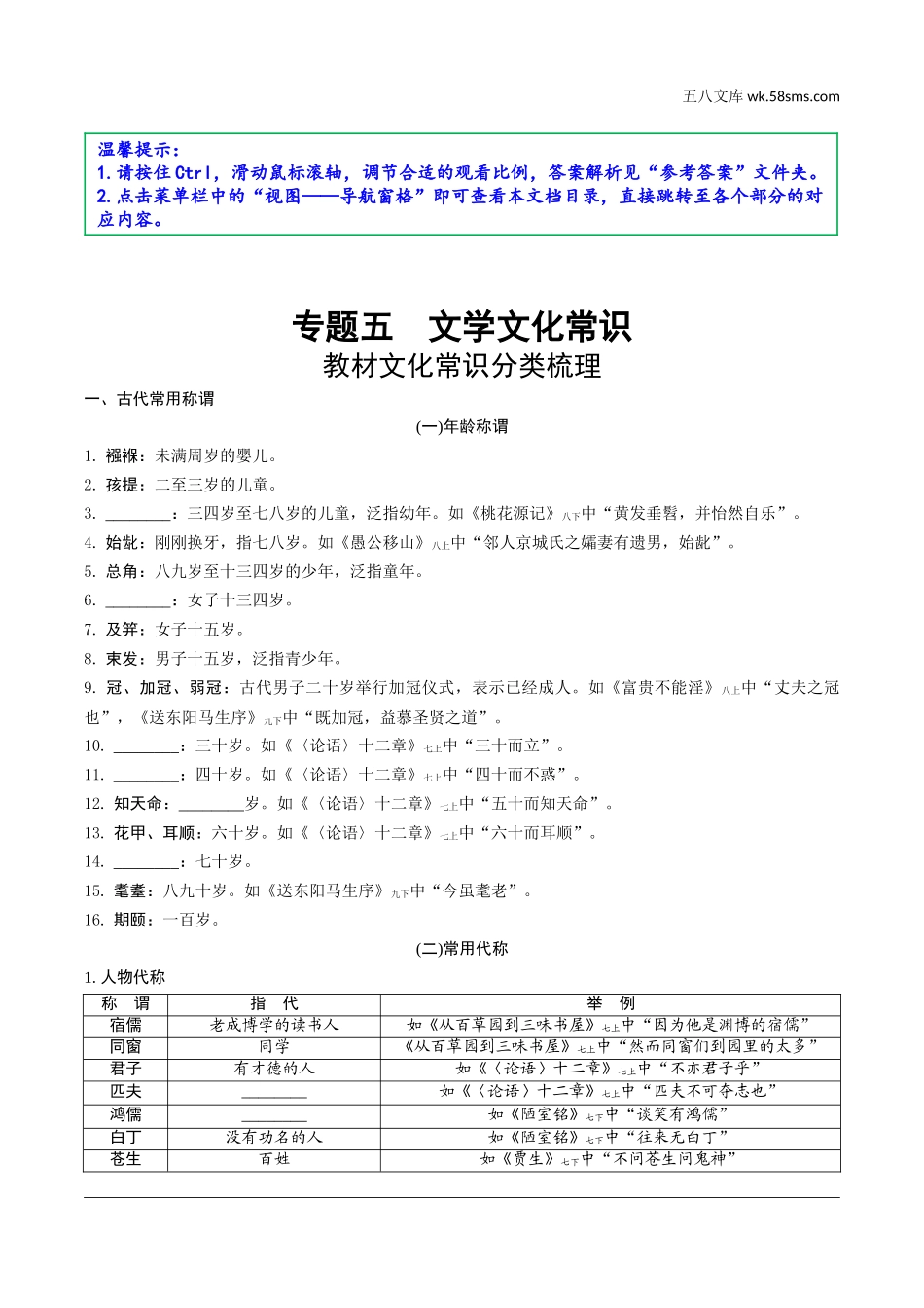 初中_中考_云南语文精讲本_1.第一部分  语文知识积累_5.专题五  文学文化常识_教材文化常识分类梳理.doc_第1页