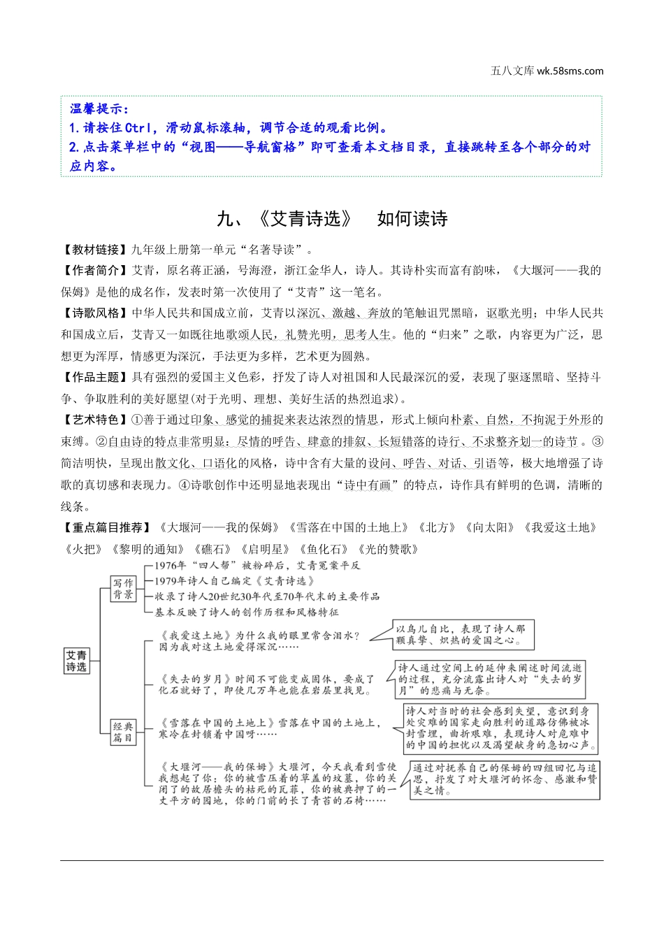 初中_中考_北京语文精讲本_3.第三部分  名著阅读_七～九年级12部名著梳理_九、《艾青诗选》　如何读诗.docx_第1页