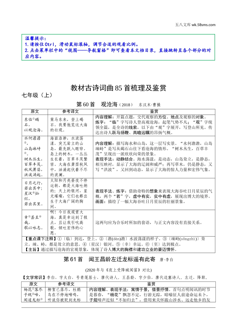 初中_中考_福建语文精讲本_2.第二部分  阅读_1.专题一  古诗词曲阅读_教材古诗词曲85首梳理及鉴赏 （梳理册）_七年级（上）.doc_第1页