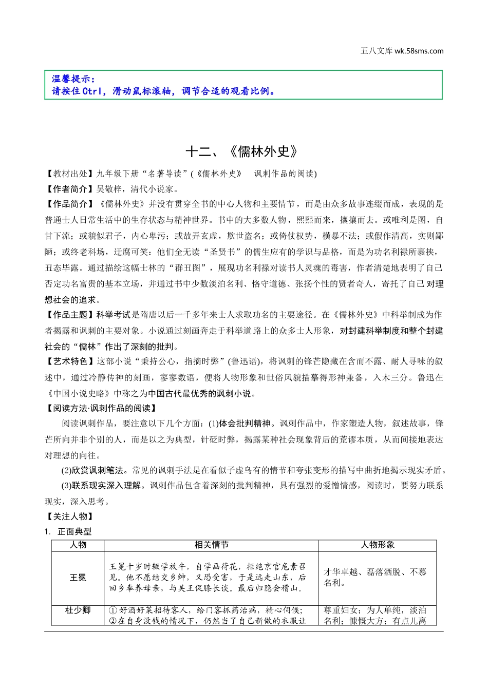 初中_中考_福建语文精讲本_2.第二部分  阅读_7.专题七  名著阅读_教材名著导读梳理及训练（12部）_12.十二、《儒林外史》_《儒林外史》.doc_第1页