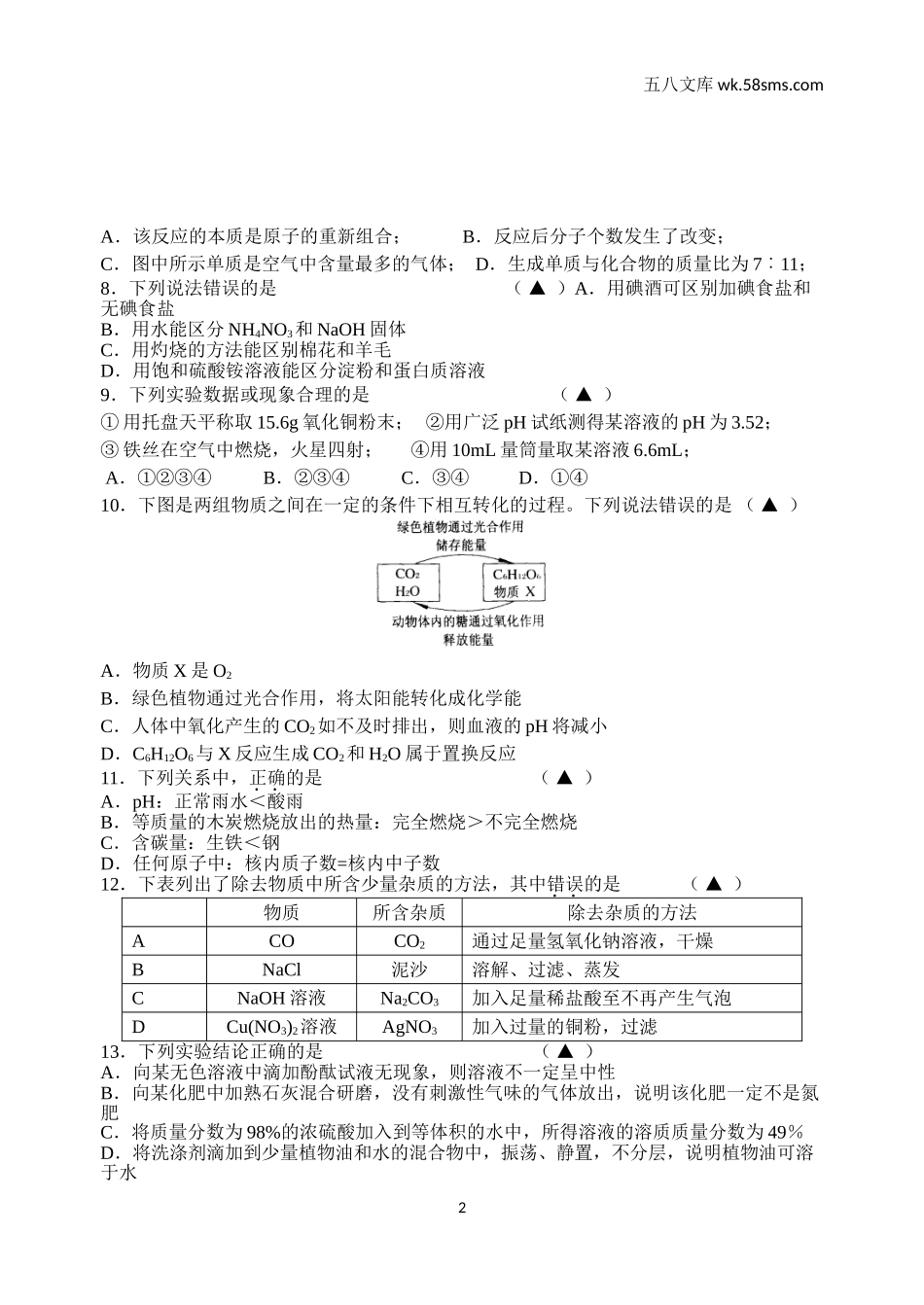 中考模拟试卷_中考化学模拟试卷11_第2页