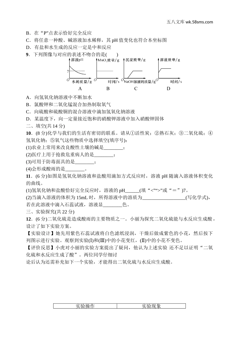 初中化学第七单元 常见的酸和碱_辅教资料_试卷_酸和碱 单元检测（含答案）_第2页