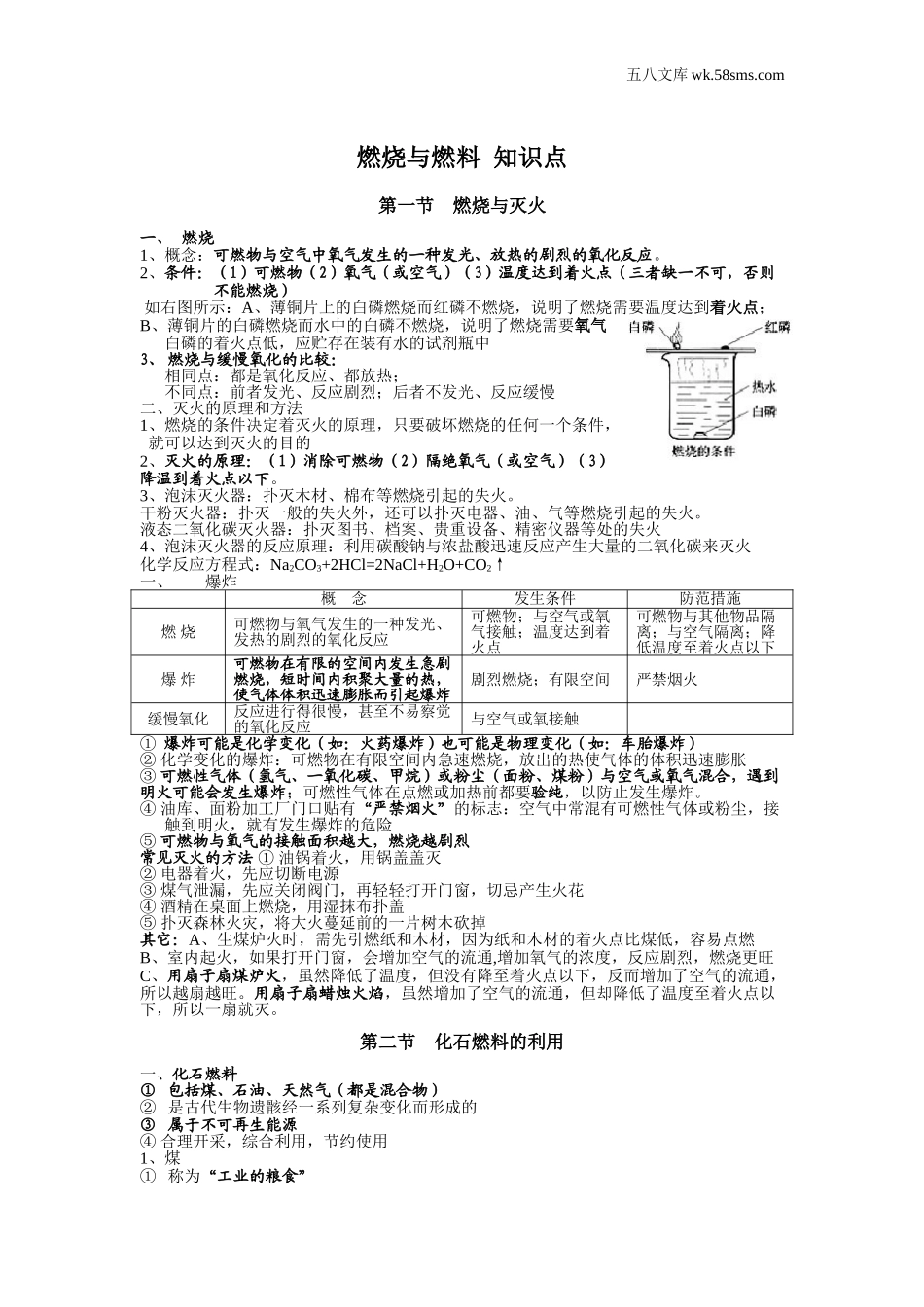 初中教学_初中化学_89年级化学教学资料_九化上-教学资源_第六单元 燃烧和燃料_辅教资料_知识归纳_燃烧与燃料 知识点_第1页