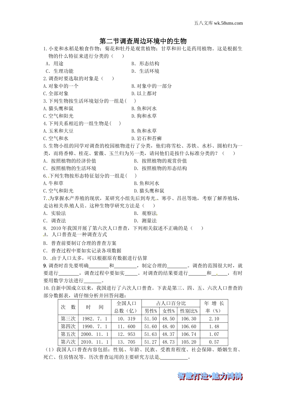 初一生物供教师补充选用_第1单元 生物和生物圈_第1章 认识生物_第二节 调查周边环境中的生物-课时训练_第1页