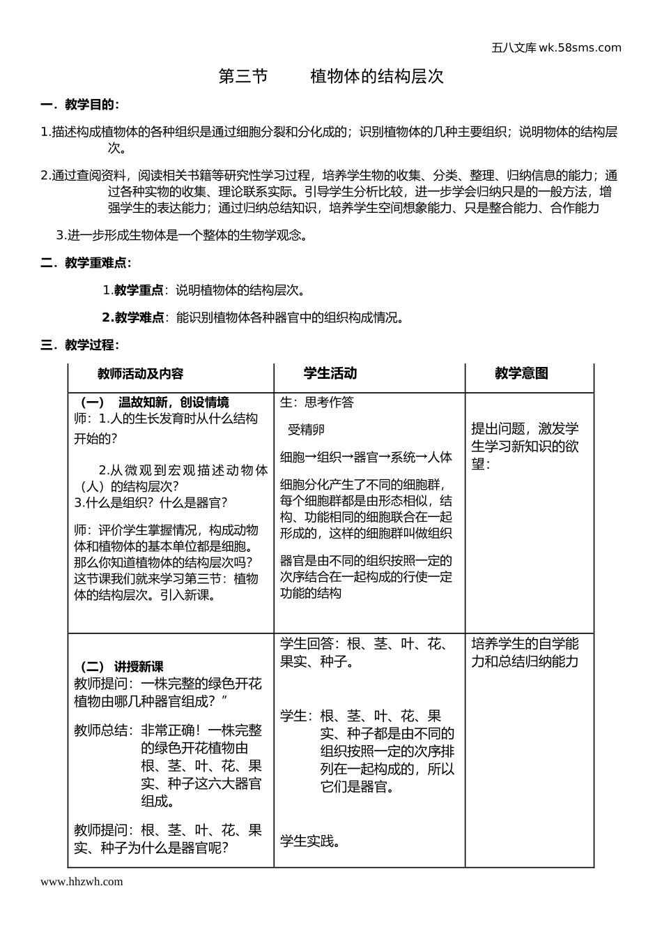 初中教学_生物_7年级生物RJ上册（新教案）_第2单元  生物体的结构层次_第2章 细胞怎样构成生物体_第3节     植物体的结构层次_第1页