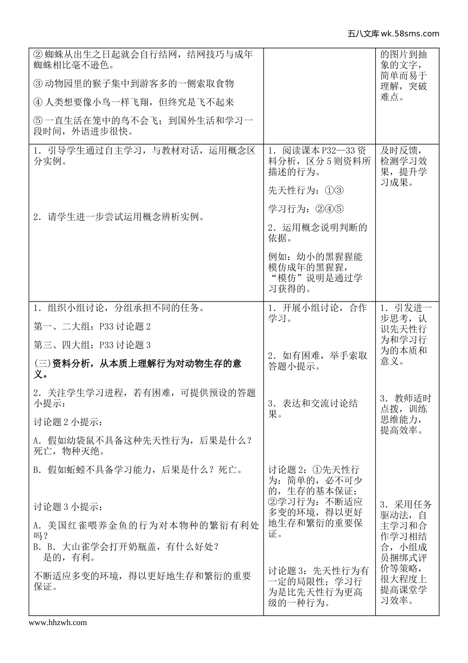 初中教学_生物_8年级生物RJ版上册（新教案）_第5单元  生物圈中的其他生物_第2章  动物的运动和行为_第2节  先天性行为和学习行为_第3页