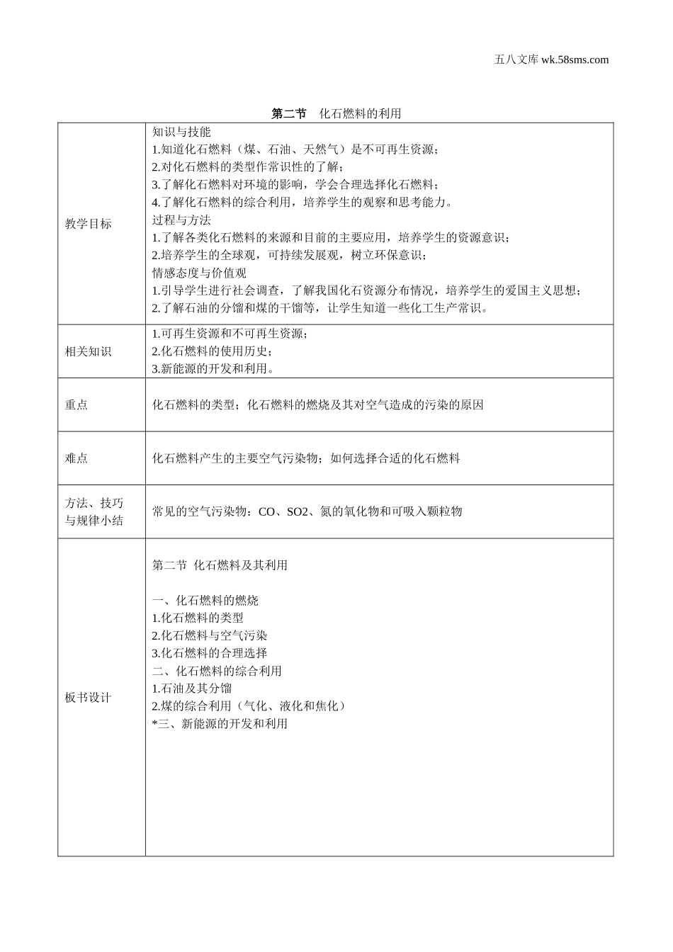 初中教学_初中化学九年级上册教学资源_教案_第六单元  燃料与燃烧_第二节  化石燃料的利用_第1页