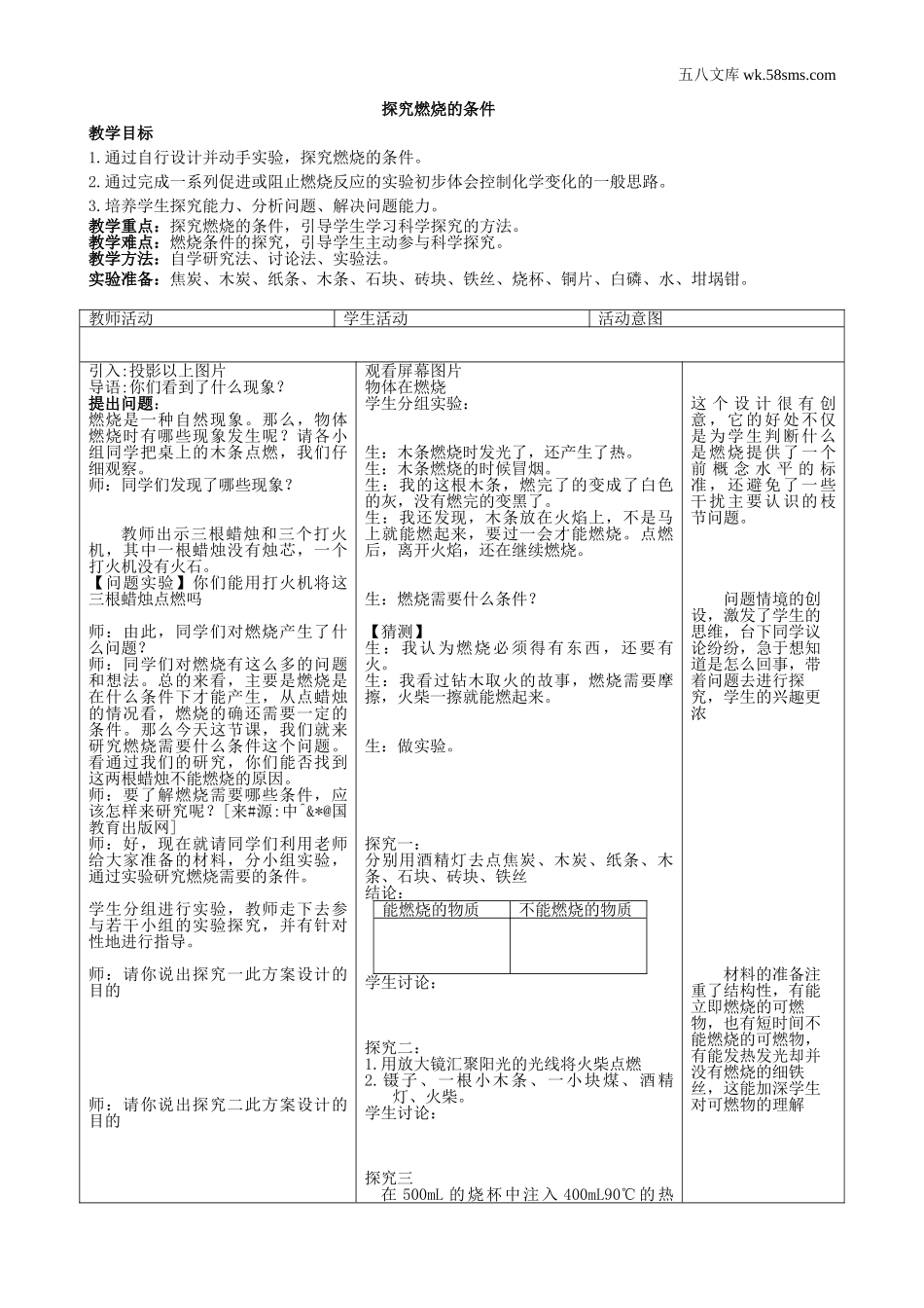 初中教学_初中化学九年级上册教学资源_教案_第五单元  定量研究化学反应_到实验室去：探究燃烧的条件_第1页