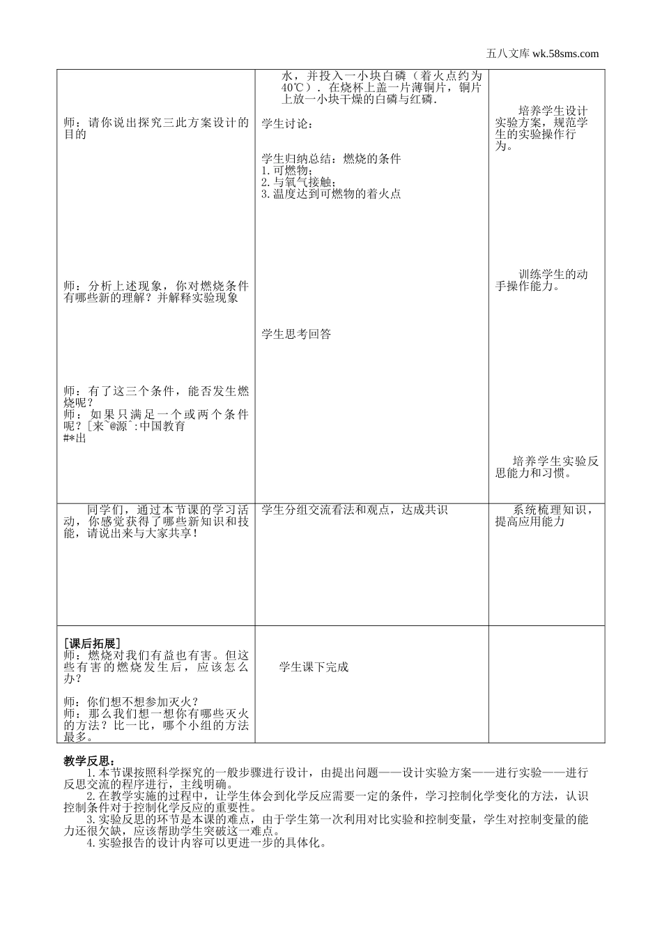 初中教学_初中化学九年级上册教学资源_教案_第五单元  定量研究化学反应_到实验室去：探究燃烧的条件_第2页