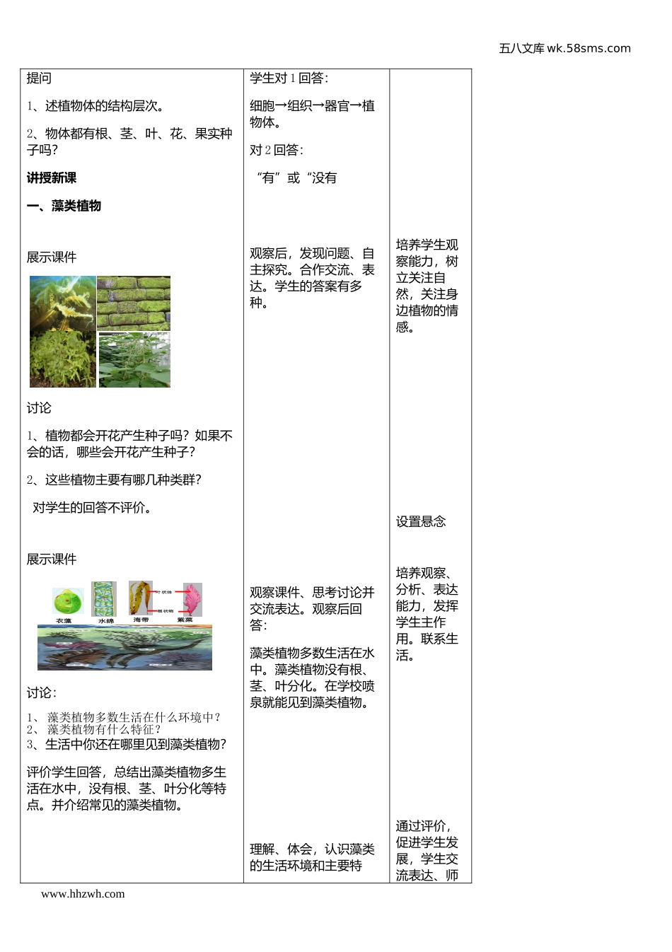 初中教学_生物_7年级生物RJ上册（新教案）_第3单元  生物圈中的绿色植物_第1章 生物圈中有哪些绿色植物_第1节    藻类、苔藓和蕨类植物_第2页