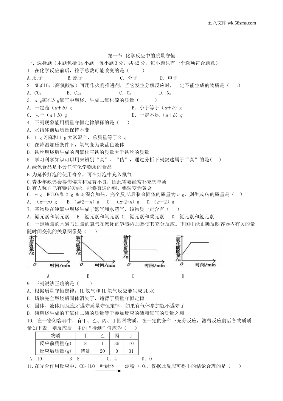 初中教学_初中化学九年级上册教学资源_课时训练_第五单元  定量研究化学反应_第一节  化学反应中的质量守恒_第1页