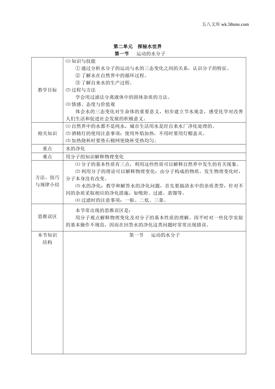 初中教学_初中化学九年级上册教学资源_教案_第二单元  探秘水世界_第一节  运动的水分子_第1页