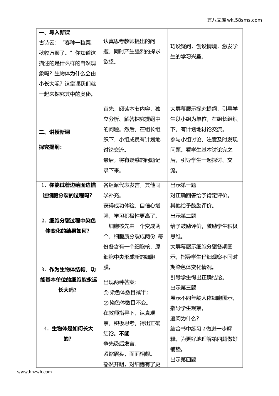 初中教学_生物_7年级生物RJ上册（新教案）_第2单元  生物体的结构层次_第2章 细胞怎样构成生物体_第1节  细胞通过分裂产生新细胞_第2页