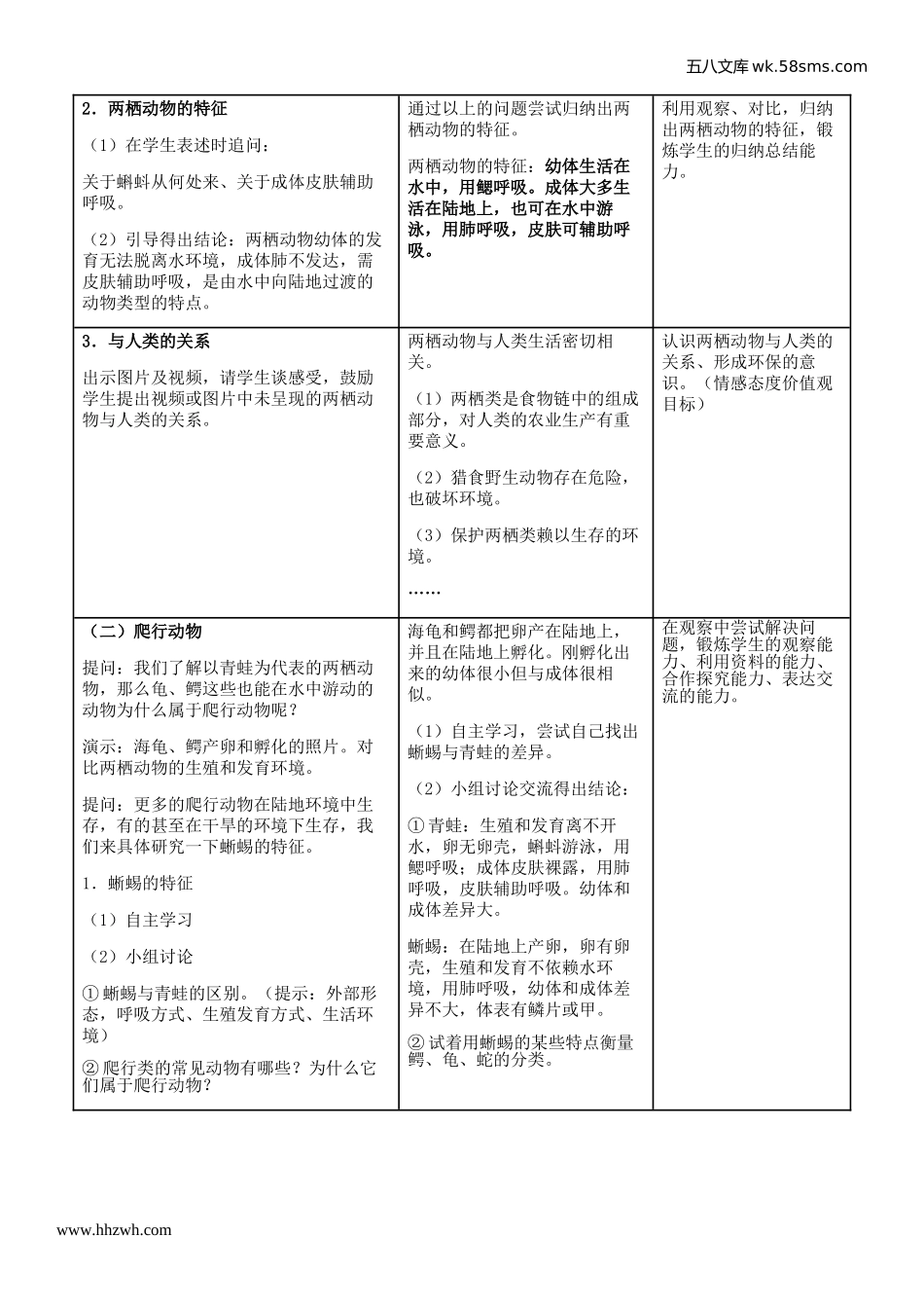 初中教学_生物_8年级生物RJ版上册（新教案）_第5单元  生物圈中的其他生物_第1章  动物的主要类群_第5节  两栖动物和爬行动物_第3页