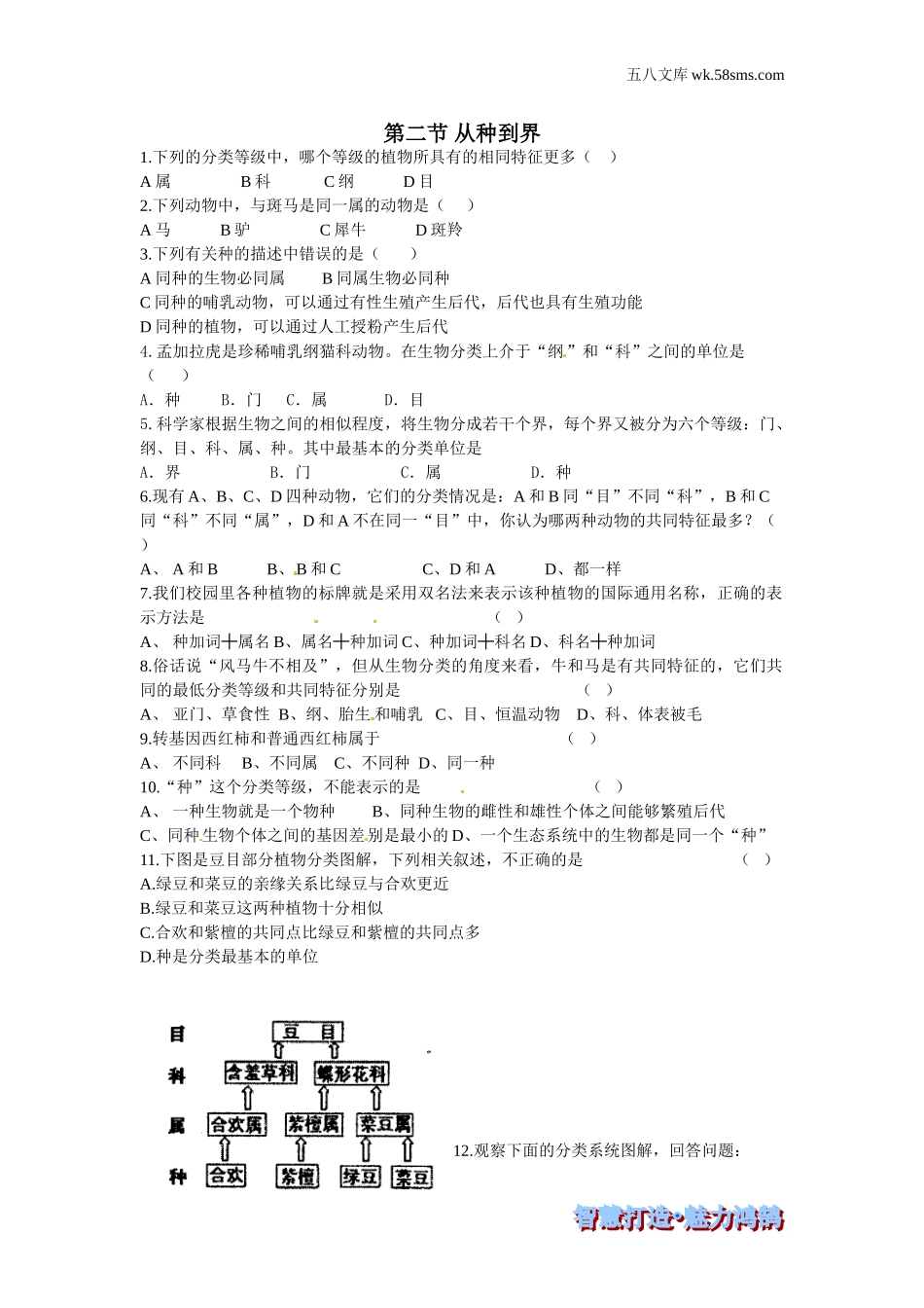 初中教学_生物_8年级生物RJ版上册（素材库 ） 供教师补充选用_第6单元 生物的多样性及其保护_第1章 根据生物的特征进行分类_第二节 从种到界_第二节 从种到界-课时训练_第1页