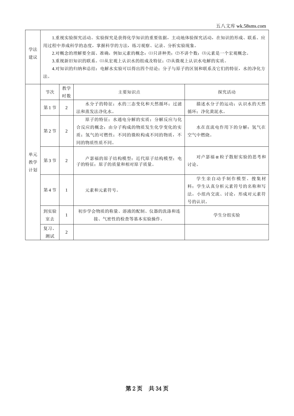 九年级化学上册（创业作业）_教案_第二单元 探秘水世界_第二单元 探秘水世界_第2页