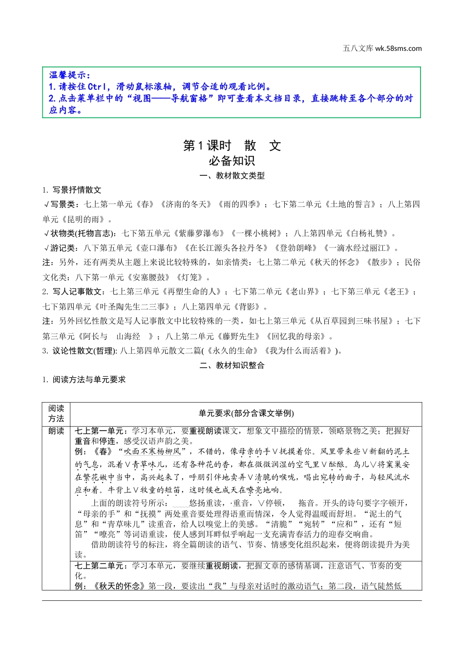 初中_中考_浙江语文精讲本_2.第二部分 阅读_2.专题二  文学作品阅读_第1课时  散文_必备知识.doc_第1页