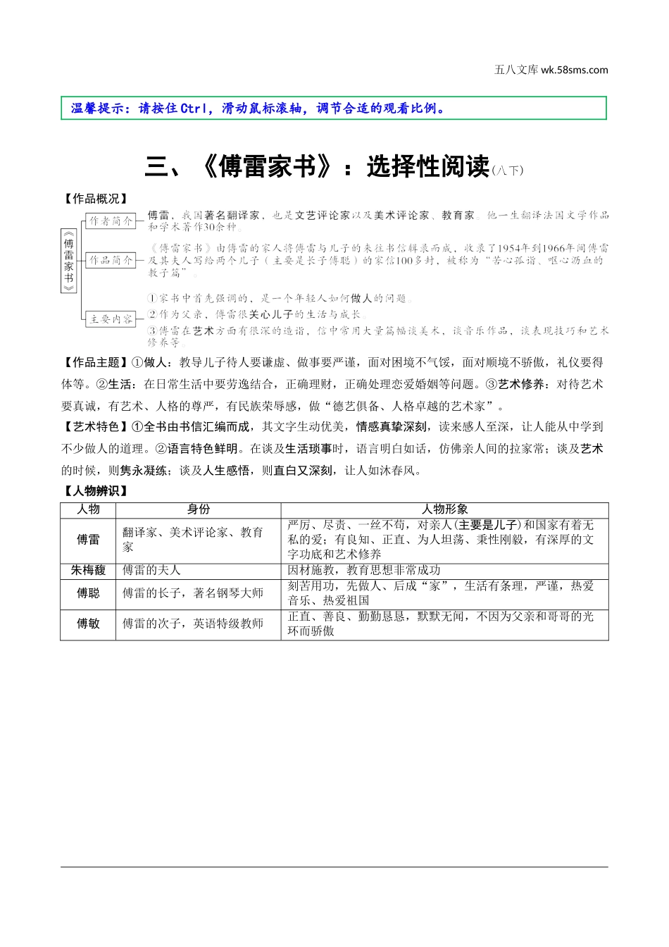 初中_中考_重庆语文精讲本_1.第一部分  语文知识及运用_6.专题六  名著阅读_12部教材要求必读名著知识梳理_近4年未考5部名著知识梳理_三、《傅雷家书》：选择性阅读.doc_第1页