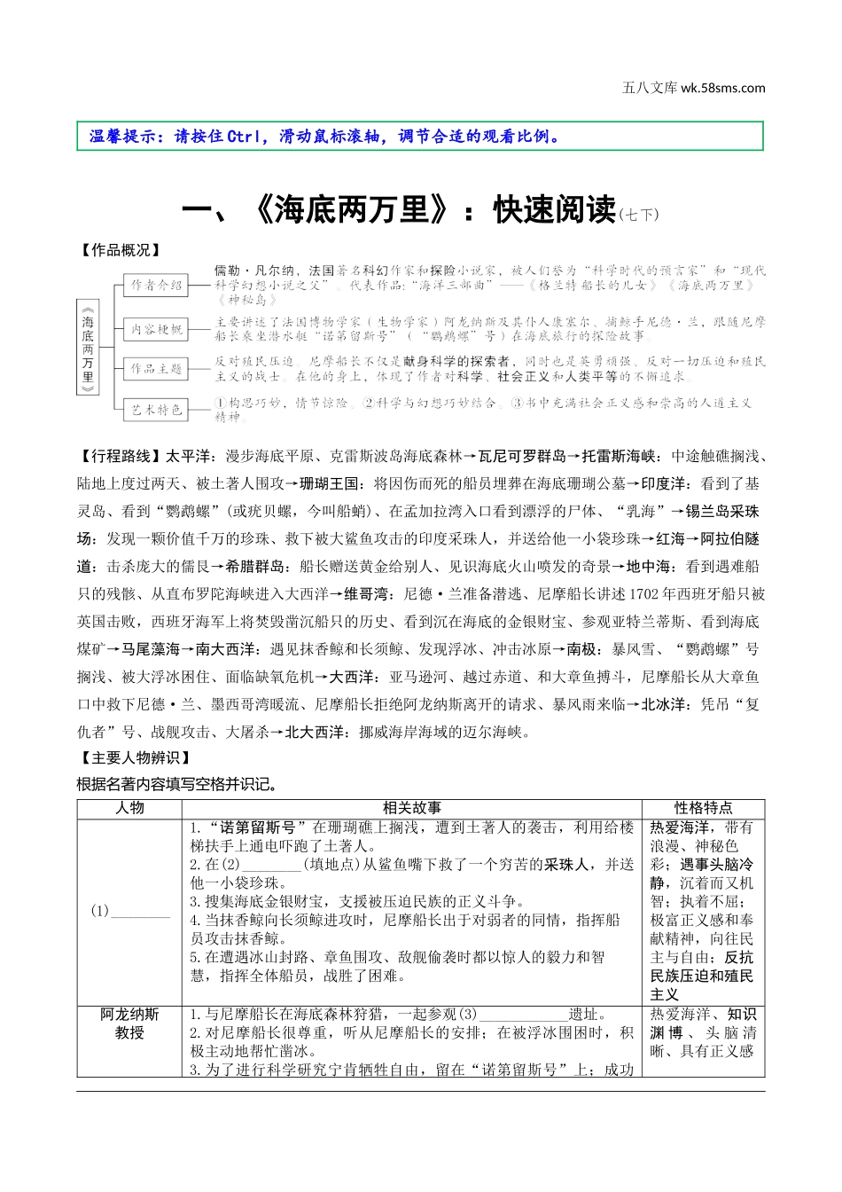 初中_中考_重庆语文精讲本_1.第一部分  语文知识及运用_6.专题六  名著阅读_12部教材要求必读名著知识梳理_近4年未考5部名著知识梳理_一、《海底两万里》：快速阅读.doc_第1页