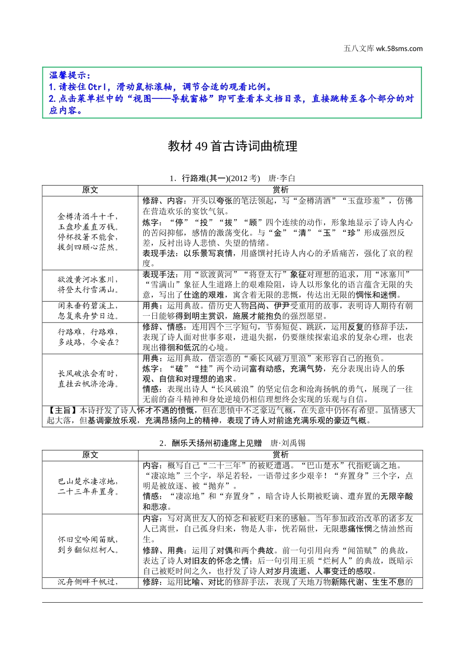 初中_中考_淄博语文精讲本_2.第二部分  古诗文阅读_1.专题一  古诗词曲鉴赏_教材49首古诗词曲梳理及训练_教材49首古诗词曲梳理（1-37）.doc_第1页