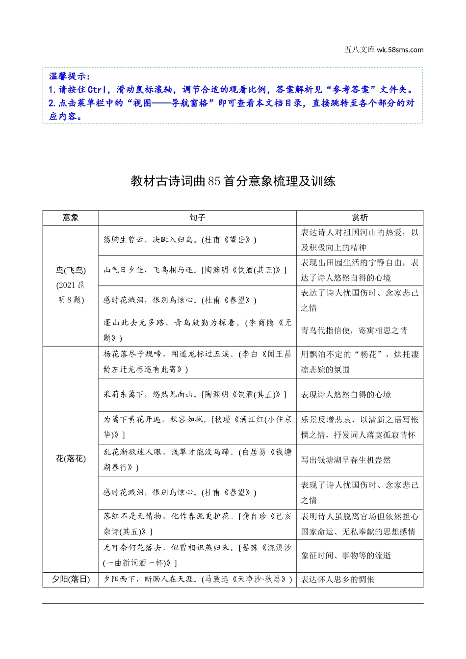 初中_中考_昆明语文精讲本_2.第二部分  古诗文阅读_专题一  古诗词曲鉴赏_教材古诗词曲85首分意象梳理及训练.docx_第1页