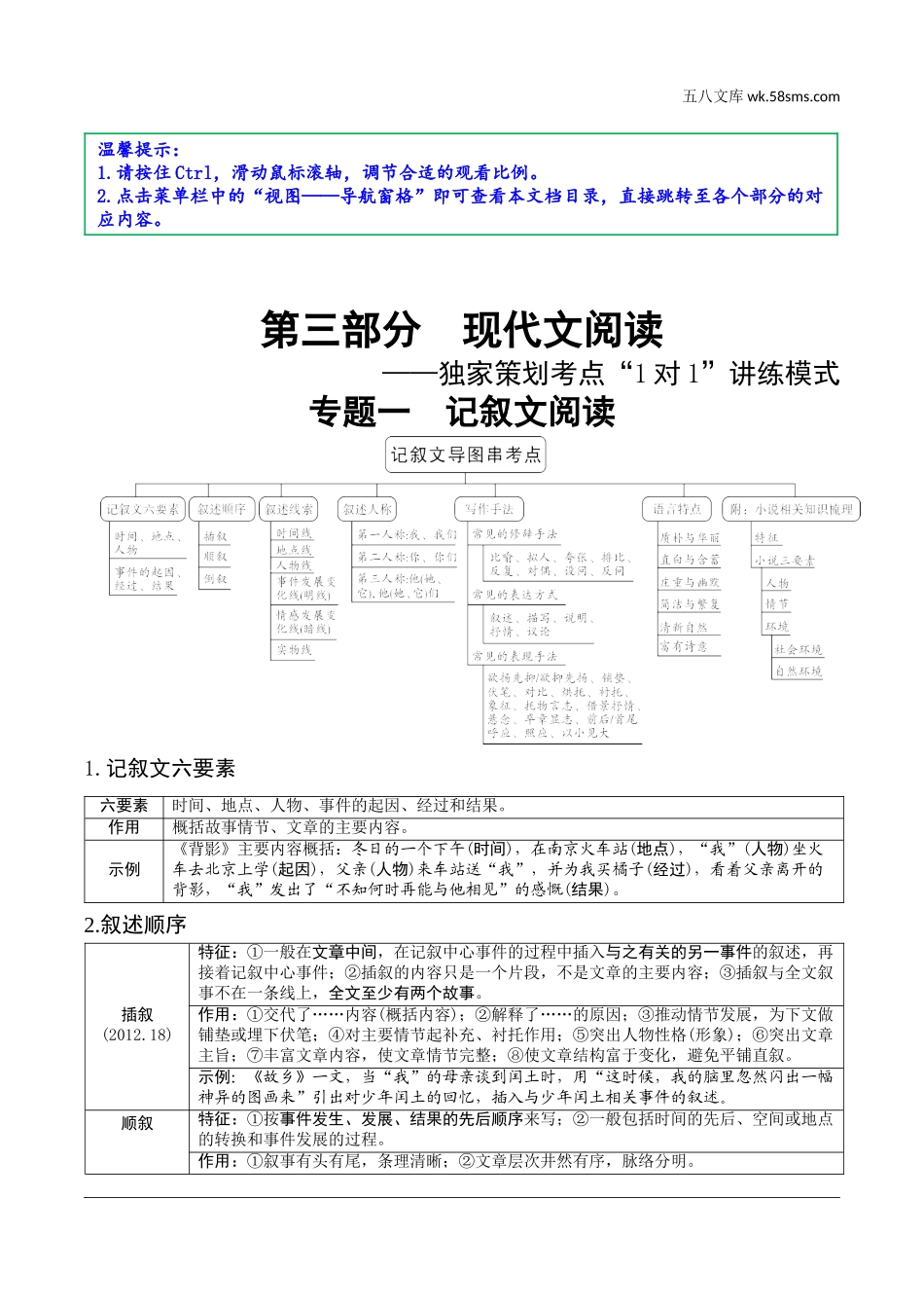 初中_中考_昆明语文精讲本_3.第三部分  现代文阅读_1.专题一  记叙文阅读_文体知识梳理.doc_第1页