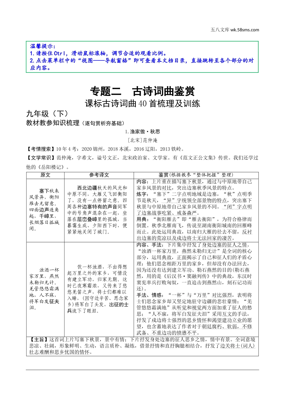 初中_中考_辽宁语文配套课件_精品课件_2.古诗文册_2.专题二  古诗词曲鉴赏_课标古诗词曲40首梳理及训练_课标古诗词曲40首梳理.doc_第1页