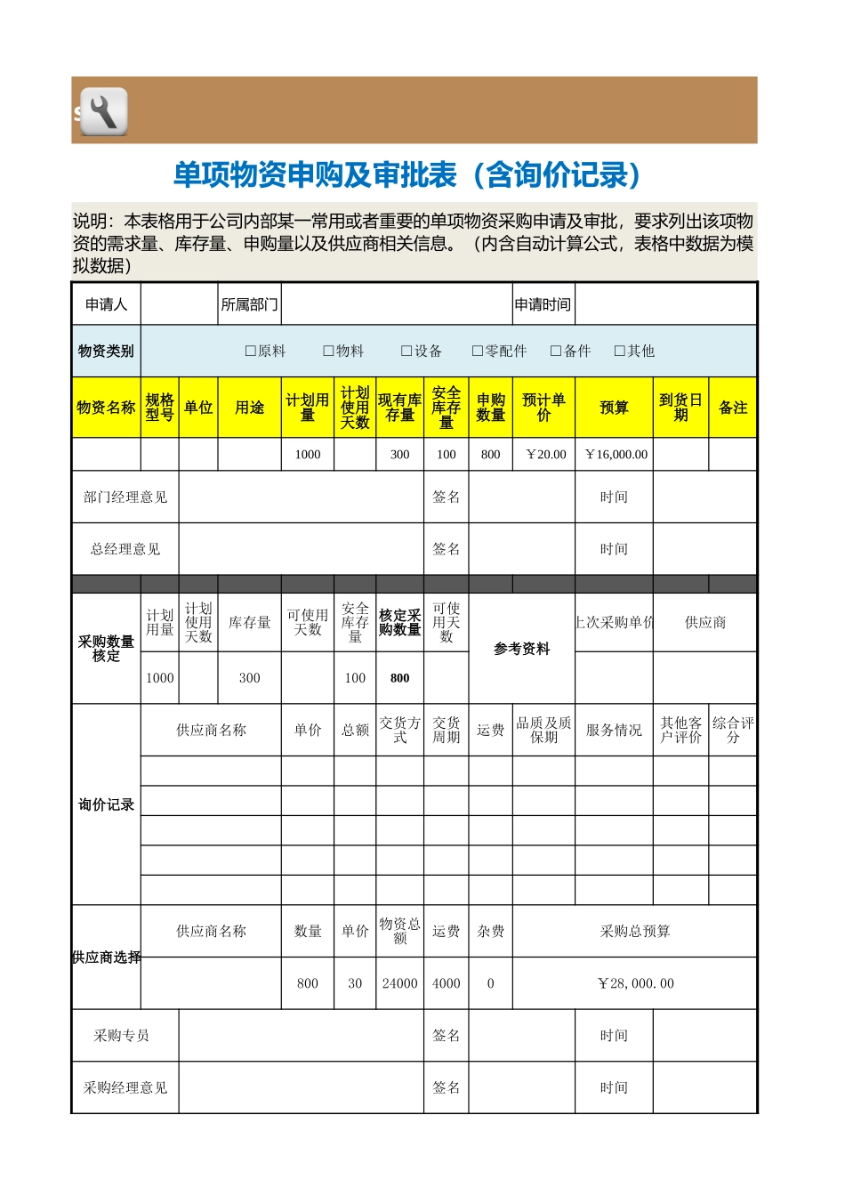 企业管理_采购管理制度_12-采购常用表格大全_67 单项物资申购及审批表（含询价记录）_第1页