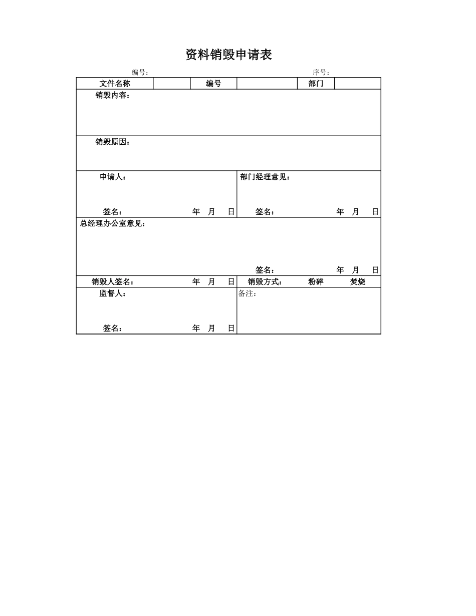 企业管理_行政管理制度_22-行政常用办公表格-188套_资料销毁申请表_第1页