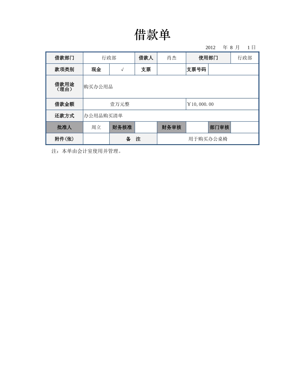 企业管理_财务管理制度_16-财务常用表格_1 财务表格1_借款单_第1页