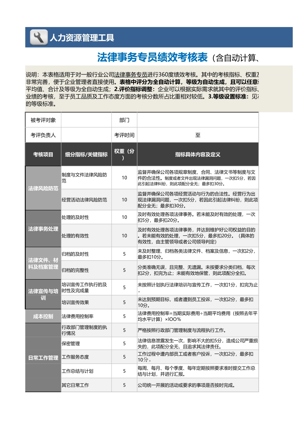 企业管理_绩效考核表_07-1-法律事务专员绩效考核表（含自动计算与等级评价）_第1页