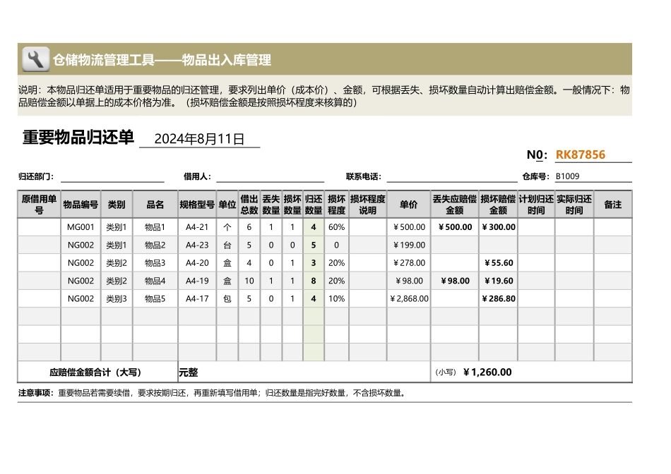 企业管理_出入库管理_重要物品归还单（含赔偿金额，内部）_第1页