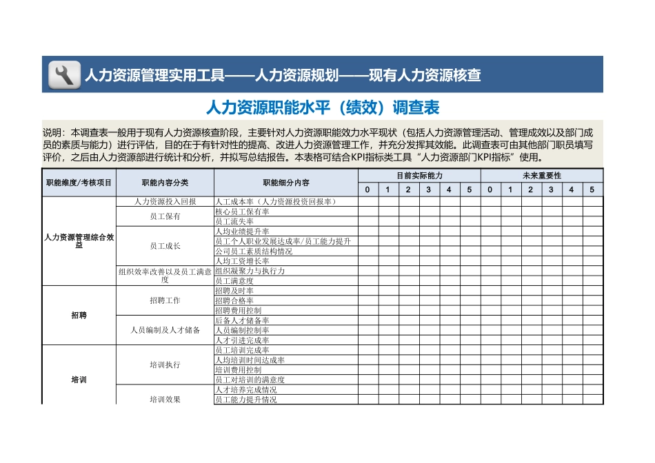 企业管理_人力资源工具包_01-人力资源规划_人力资源职能水平（绩效）调查表1_第1页