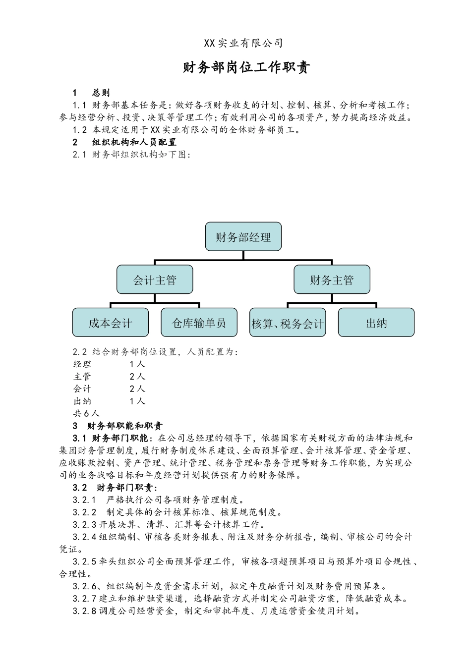 企业管理_财务管理制度_5-工作职责与目标分解_01-工作职责-07-【标准制度】XX实业有限公司 财务部岗位工作职责_第1页