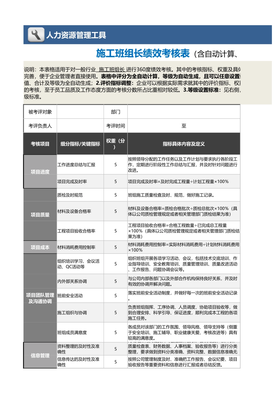 企业管理_绩效考核表_08-5-施工班组长绩效考核表（含自动计算与等级评价）_第1页