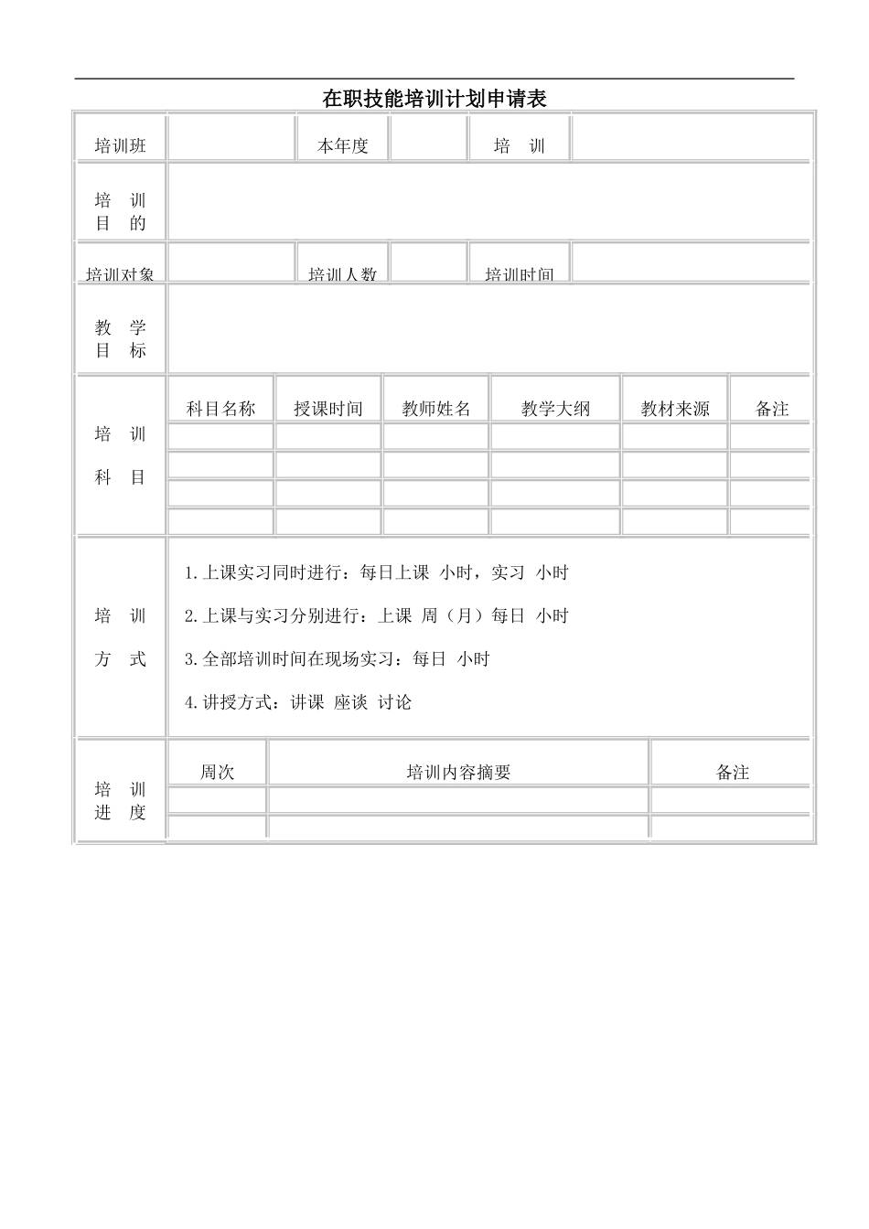 企业管理_人事管理制度_8-员工培训_6-培训工具模版_人力资源管理工具—培训发展类_在职技能培训计划申请表_第1页