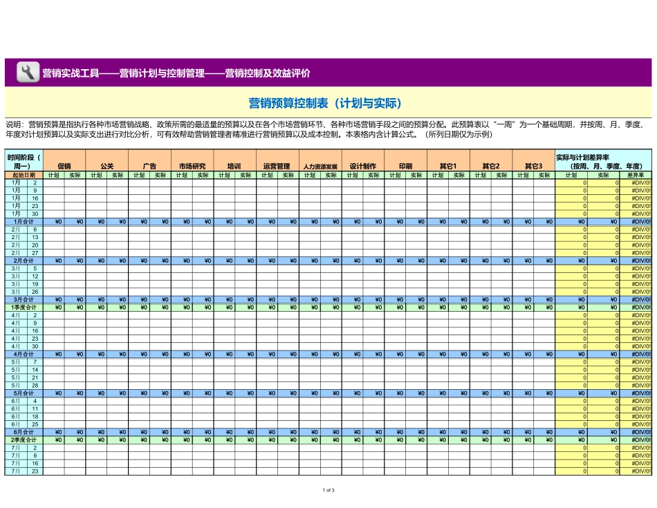 企业管理_销售管理制度_3-销售运营管理_营销预算_营销预算控制表（计划与实际）_第1页
