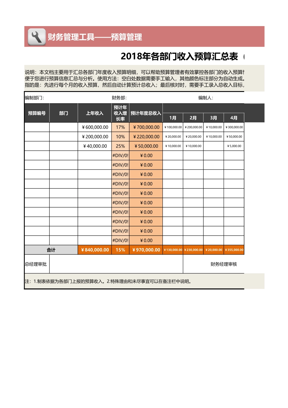 企业管理_财务管理制度_3-财务管理表格工具大全_01-【日常费用管理】-02-各部门收入预算汇总表_第1页