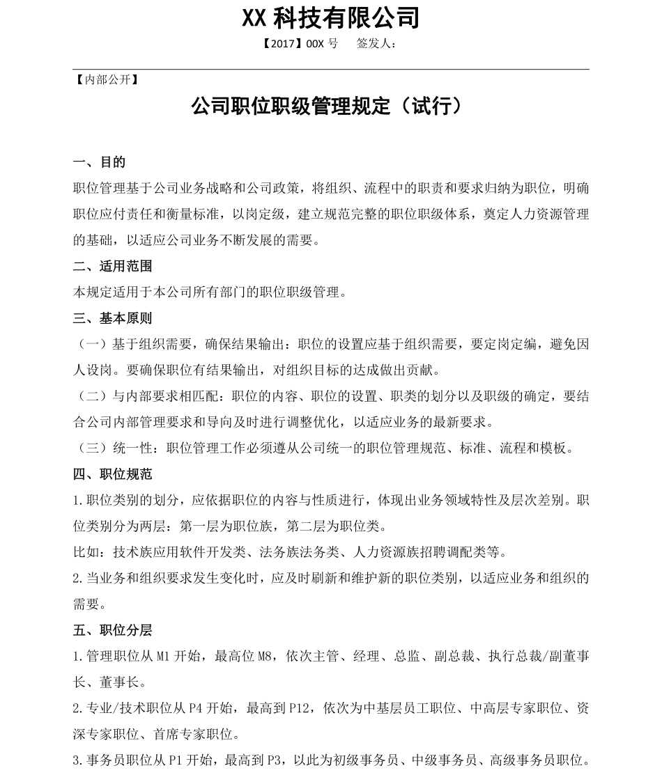 企业管理_人事管理制度_13-胜任力与任职资格_7-任职资格体系构建流程_XX公司职位职级管理规定 V1.2_第1页