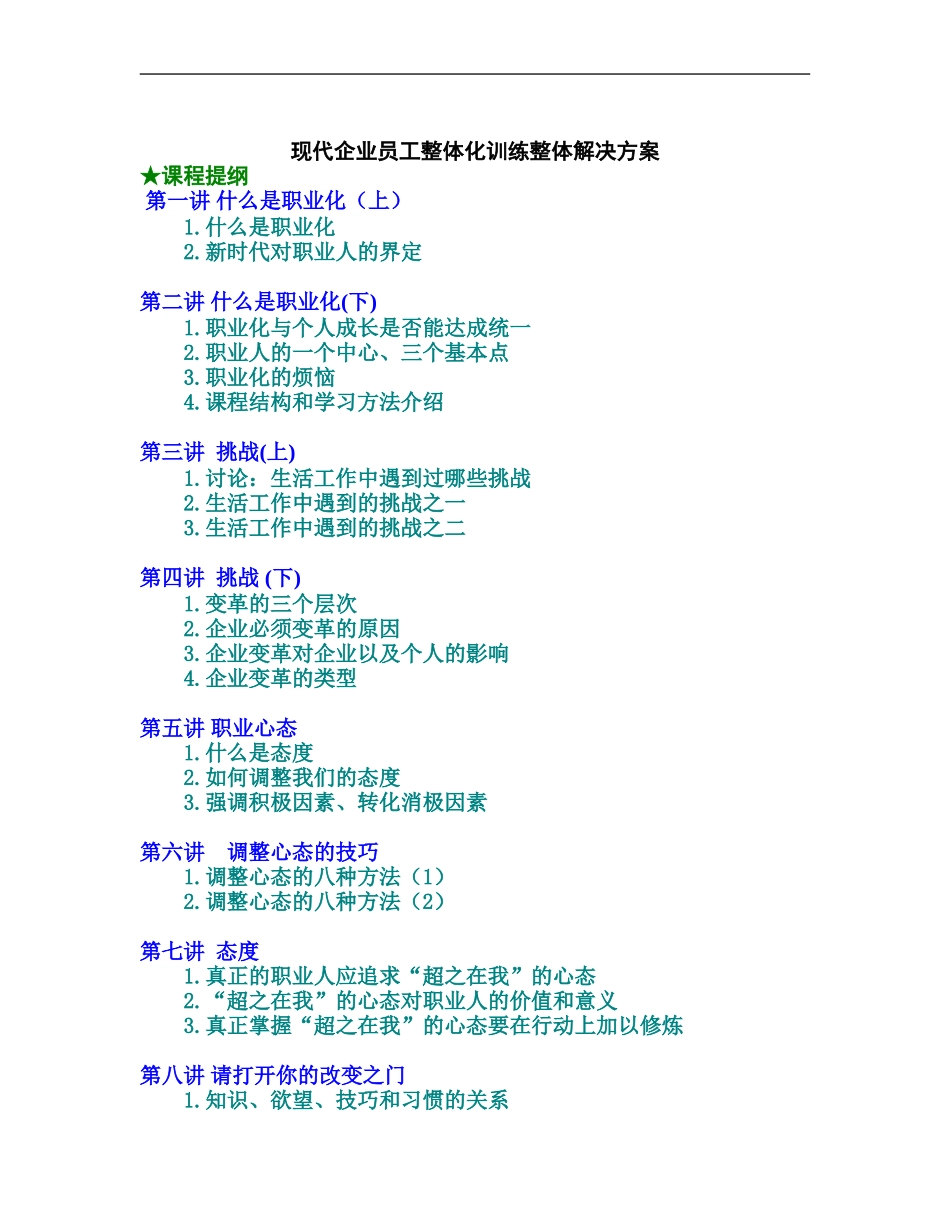 企业管理_人事管理制度_8-员工培训_5-培训讲义_现代企业员工整体化训练整体解决方案_第1页